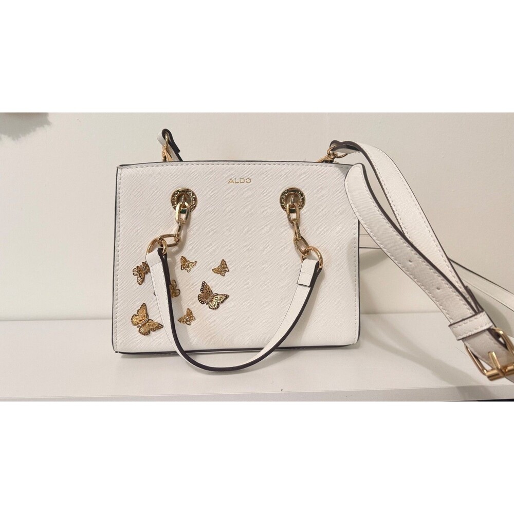 ALDO White Satchel Handbag Gold Butterfly Charms Chain Handle Crossbody Strap